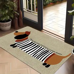 Cute Cartoon Dog Floor Mat - Soft Flannel Material, Machine Washable & Quick-Dry, Adorable Dachshund Design with Striped Outfit & "Have Sweet Dreams" Text for Entryway, Bathroom, Laundry Room, Bedroom - Durable Decorative Mat