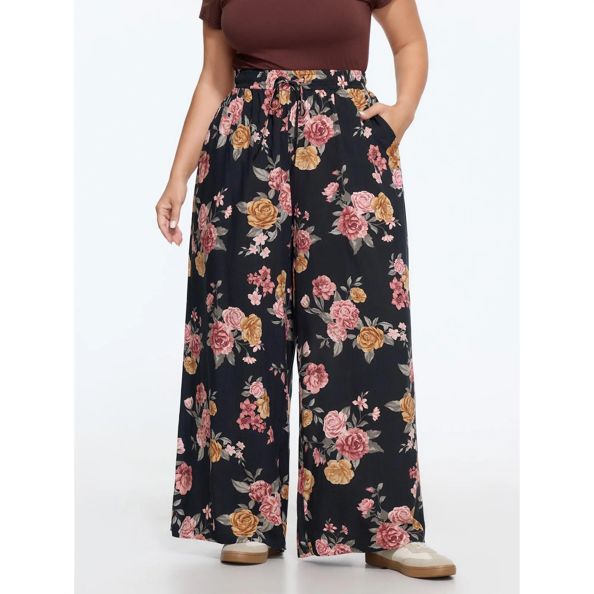 BloomChic Floral Print Drawstring Waist Wide‑Leg Pants 【M-6XL】