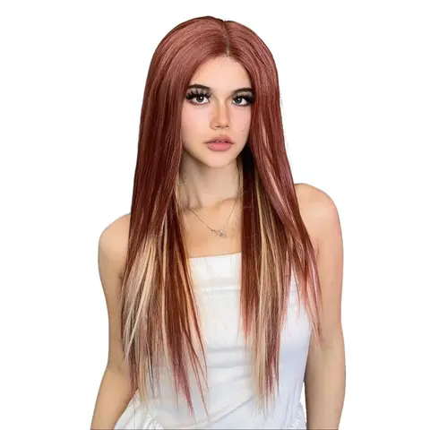 AISI HAIR 5×7 HD Lace Frontal Wig, Copper Blonde Pre-Plucked Synthetic Wig for Female, With Baby Hair, Glueless Straight, Adjustable, Beginner-Friendly, Suitable for Halloween, Christmas, Daily Life