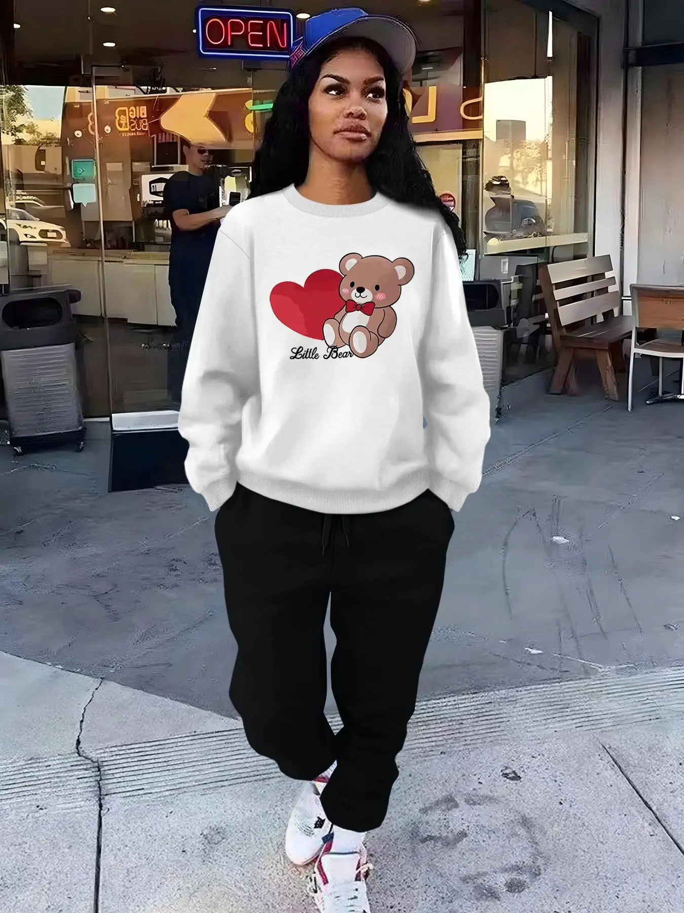 Women's Cartoon Bear & Letter Print Sweatshirt & Drawstring Waist Sweatpants Set, Casual Round Neck Long Sleeve Pullover & Pocket Jogger Pants, Women's Fall & Winter Clothes