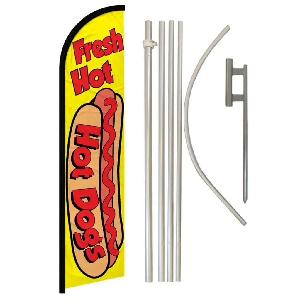 Windless Hot Dog Banner & Aluminium-Steel Pole Complete Kit, Outdoor Polyester Banner with Unique Print for Festive Supplies, Party Backdrops, Cordless, Windproof