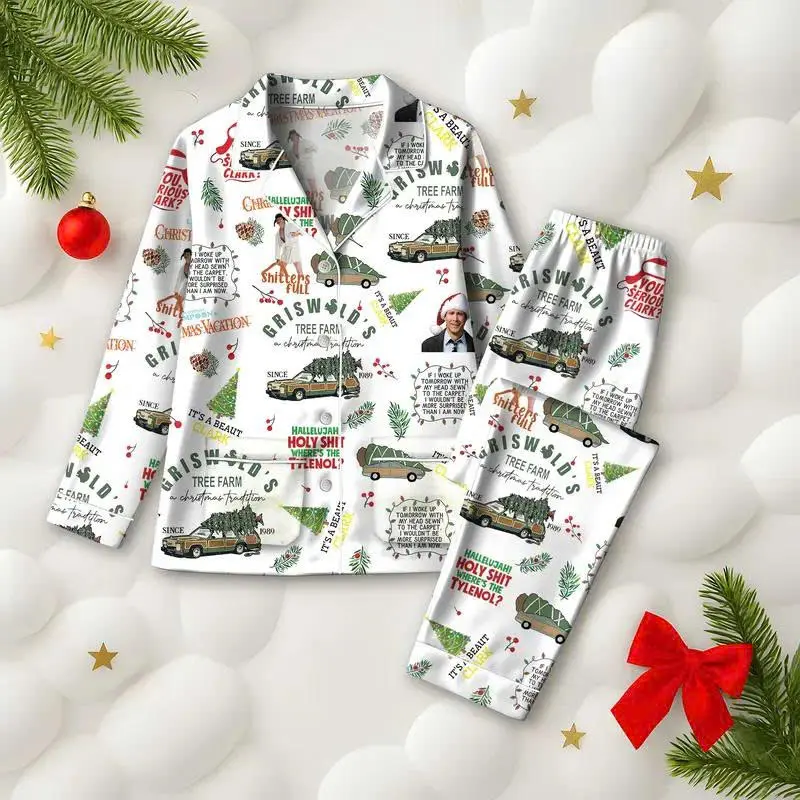 Women's Griswold 2-Piece Satin Pajama Set - Polyester Fabric Loungewear with Tree Farm Print, National Lampoon’s Christmas Vacation Sleepwear, Matching Family PJS, Funny Holiday Gift