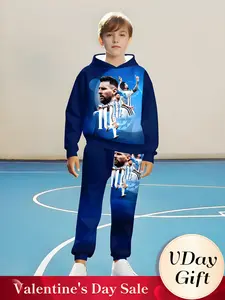 Argentina Honor Messi Hoodie Set for Boys, Deep Blue Casual Fitted Sweatshirt, Fall & Winter Soccer Fan Clothing, Sweatpants, Graphic Print Set