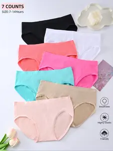 7-Pack Cute Comfortable Basic Girls' Triangle Everyday Wear Underwear, All Seasons Solid Color, Breathable Youth Panties for Ages 7-14