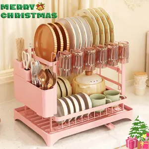 Dish Drying Rack, Dish Rack 2 Tiers for Kitchen Counter, Space-Saving Large Dish Rack with Drain Kitchen Organizer and Storage Rack with Drainboard Screw-Free Mounting,Christmas Gift,Pink