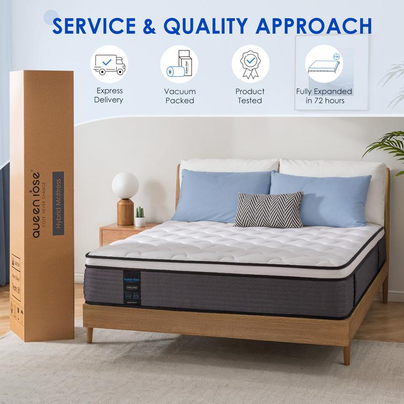 QueenRose Hybrid Mattress in a Box 10/12/14 Inch Individual Pocket Coils Memory Foam Queen/King Bed Firm Support Relieve Back Pain Easy Setup Outdoorfun Sleep Well, Excellent gift for Christmas and New Year