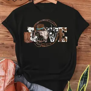 1pc Women's Western Cowgirl Graphic Print Short Sleeve T-Shirt - Black Casual Round Neck Tee with Bull Skull, Horseshoe & LOVE Design, Machine Washable, Perfect Gift for Birthdays & Holidays, Holiday Attire, Cowboythemed Apparel, Nontransparent Fabric