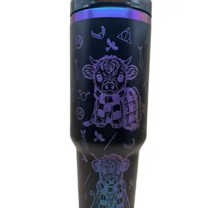 Wizard Highland Cow 40oz Black and Purple Plating Tumbler with Lid Unique Design & Color Scheme Beverage Drinkware Flasks