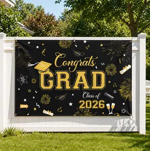 SummerVibes 47.24 x 70.87 Inch Graduation Decorations 2026 Black, Congrats Grad Banner Backdrop, Class of 2026 Party Supplies, Large Graduation Photo Booth Background Decor