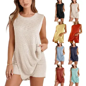 JovenPara Women's 2-Piece Fitted Basic Athletic Summer Sweater Set - Sleeveless Knit Pullover Top, Matching Shorts for Beach Vacation
