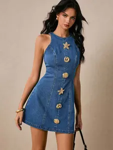 Vacation Style Halter Neck Denim Mini Dress, Metal Decoration, Waist Cinch, Sexy Sleeveless A-Line Short Skirt, All Seasons Plain Pattern