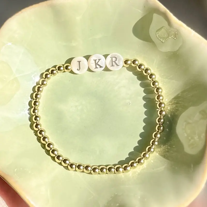 Custom Initial Bead Bracelet - Pearl Shell Letter Beads & 18k Gold Filled Beads