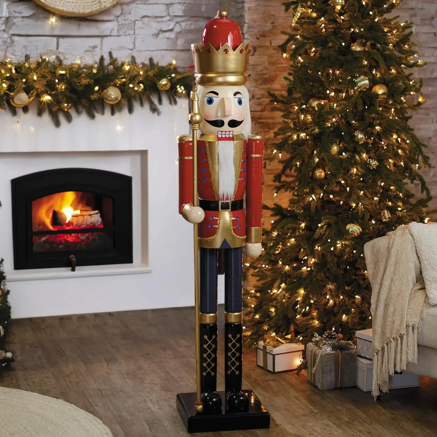 5 Ft Red Wooden Nutcracker Soldier with Scepter, Classic Holiday Decor