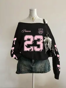 Women's Y2K Gothic Off-Shoulder Long Sleeve Sweatshirt, Butterfly Number Print, Casual Loose-Fitting Top, All Seasons, Must-Have Wardrobe Item