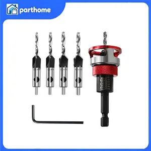 4-Piece Tapered Pilot Countersink Drill Bit Set, M2 HSS+HCS with Adjustable Depth Stop, Quick Change for Woodworking, Particle Board, MDF