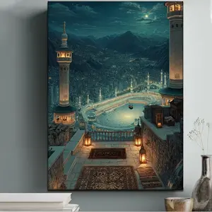 Mecca Kaaba Night View Poster, Magical Moonlit Masjid al-Haram Landscape with Illuminated Minarets, Sacred Kaaba and Mountain Skyline, Islamic Wall Poster Decor