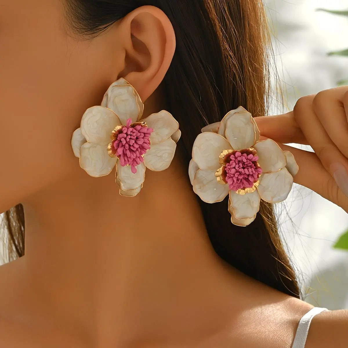 Flower Cluster Dangle Earrings, Oversized Enamel Chunky Jewelry for Women, Colorful 3D Statement Vacation Accessories, Flower Cluster Earrings, Colorful Earrings
