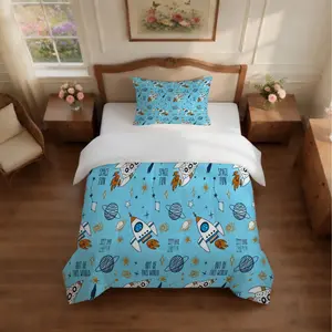 Outer Space Rocket Comforter Set, 2/3 Pieces (1 Comforter + 1/2 Pillowcases, No Pillow Insert Included), Cartoon Space Print, U-Shape Quilted, All-Season Use, Ideal for Teens Boys Personalized Bedroom Decor, Thoughtful Gift for Him