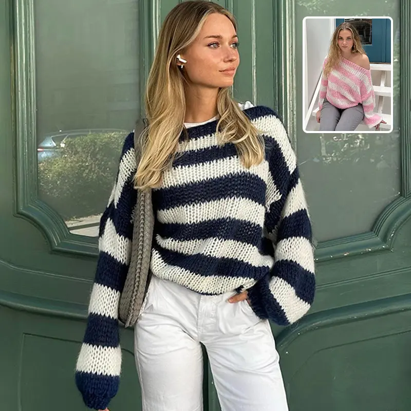 Women's Loose Striped Knitwear Pullover - Long Sleeve, Comfortable, Stylish Casual Wear Fashion Versatile Tops
