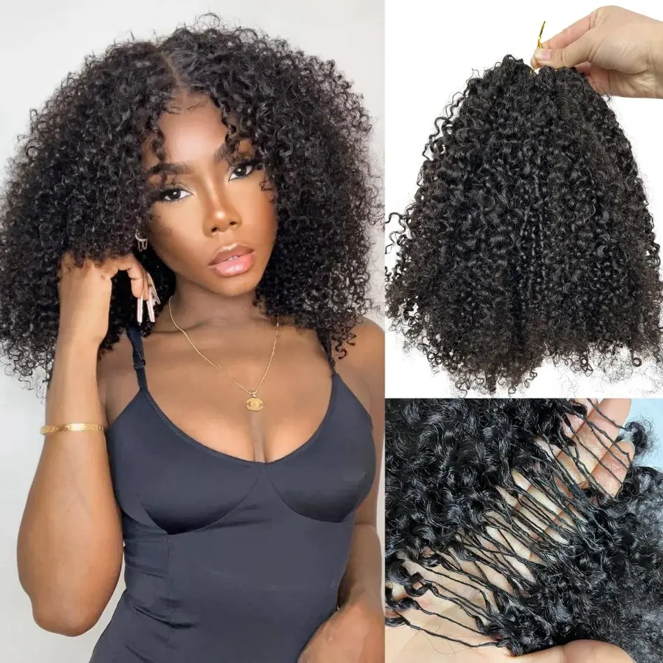 Bling Hair Pre-Separated Feather Crochet Hair For Braiding Pixie Curly Human Hair Knotless Crochet Hair Extensions Braids Boho Braids Invisible For Women,100% Raw Human Hair,GoddessBraids,Knotless Braids,Pre-Looped Hair Bundles