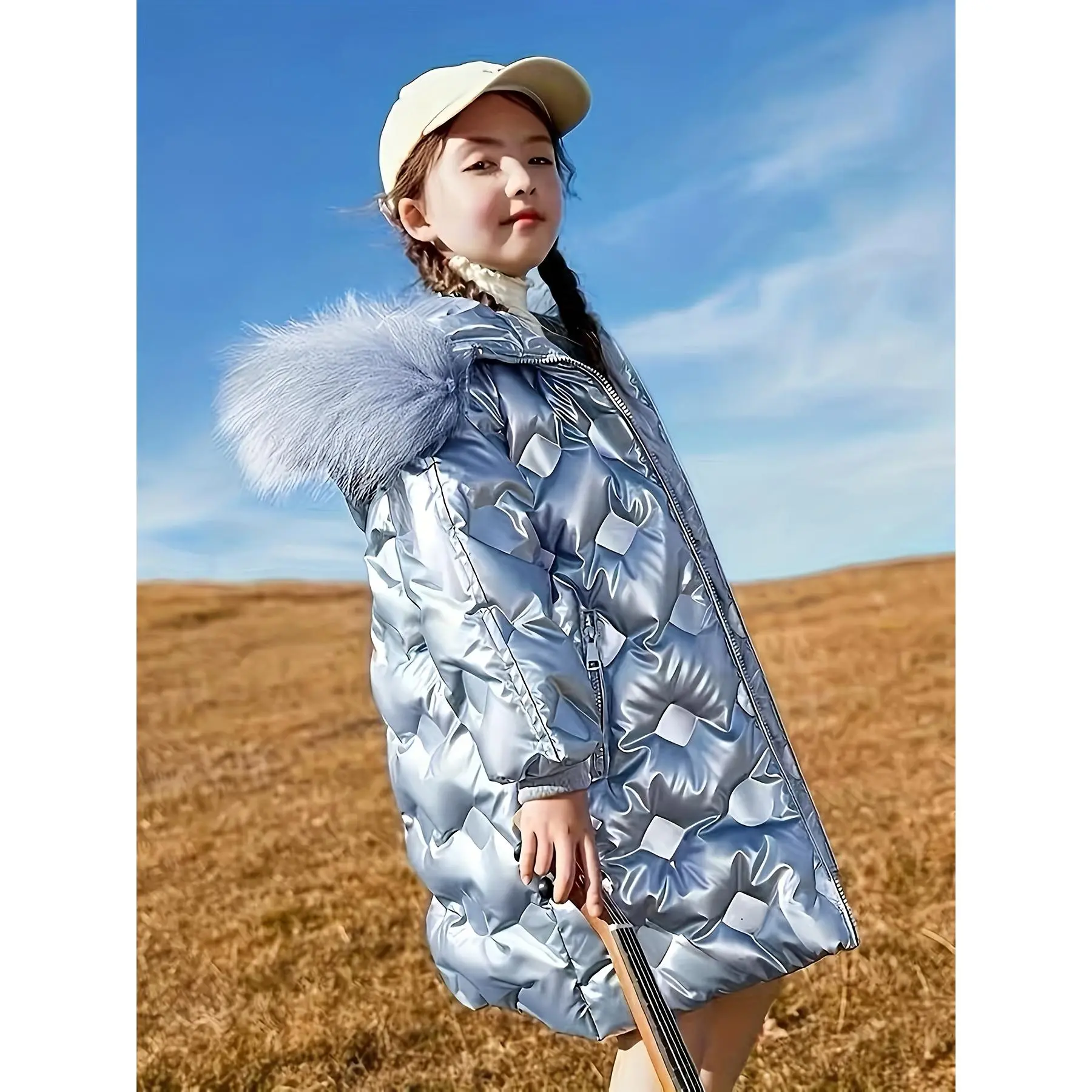 Girls' Hooded Parka Coat, Relaxed Cut Long Sleeve Winter Outerwear in Plain Polyester with Fur Cuffs, Sizes 5-15Y, Loose-Fit