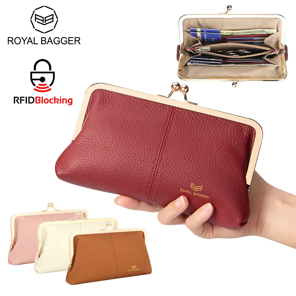 Royal Bagger RFID Shielded Multi-Functional Wallet for Women, Genuine Leather Solid Color Exquisite Cardholder with Multi-Card Slots Kiss Lock Clutch Purse 1468