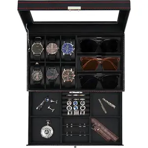 Watch Box for Mens  Box, 6 Slot Watch Case & 3 Slot Sunglasses Organizer, Lockable PU Leather  Organizer Watch Display Storage W/Drawer For Rings Bracelets,  for Men Women