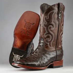 Chocolate Brown Ostrich Print Leather Boots - Square Toe