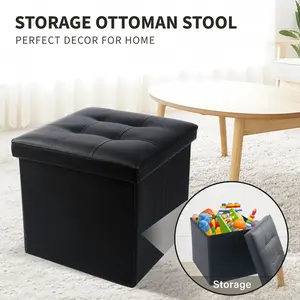 13 in Faux Leather Storage Ottoman Cube,Square Foot Stool Ottoman with Storage,Black