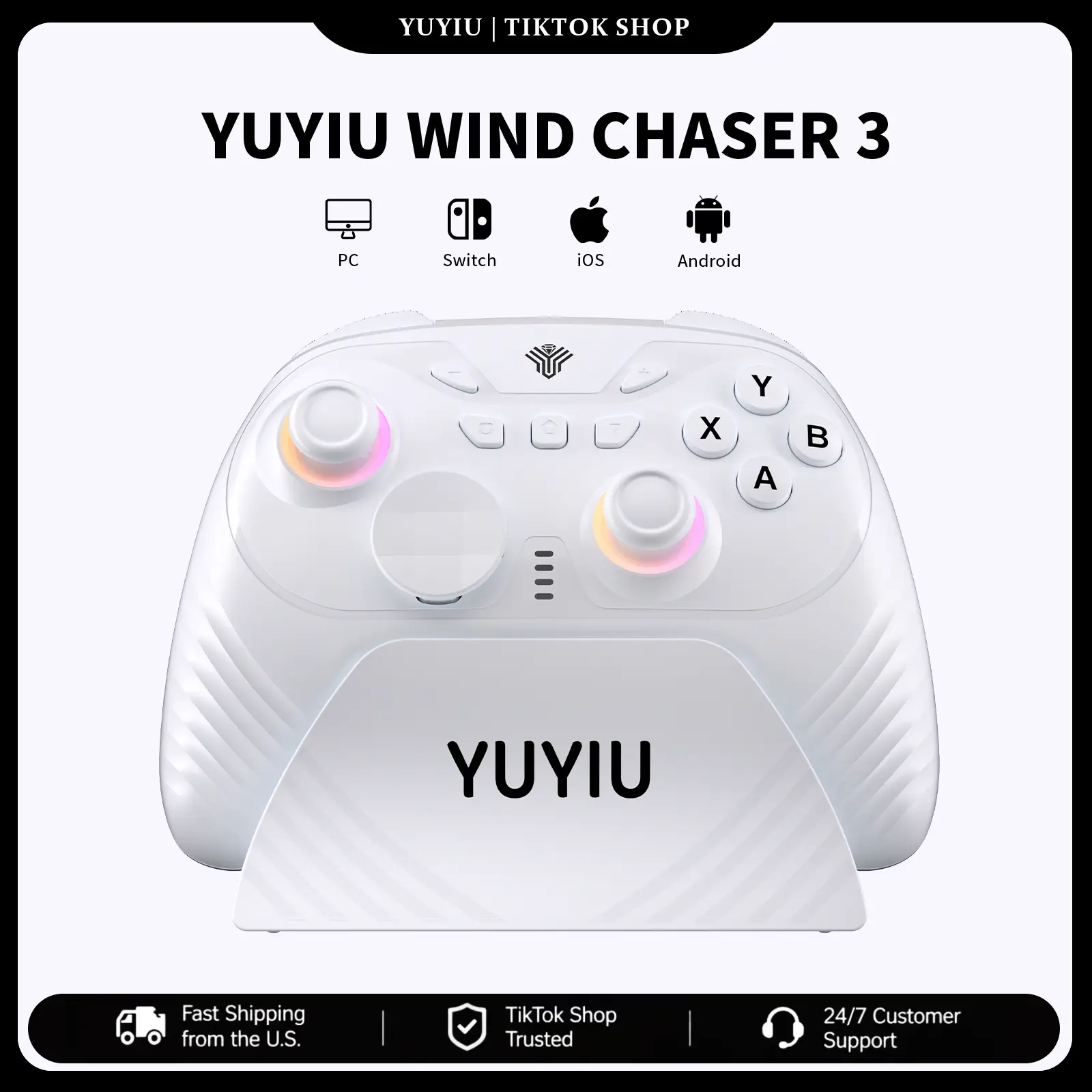 YUYIU Wind Chaser 3 Wireless Pro Controller for PC/Switch/Android V3 – 0 Deadzone Hall Effect Joysticks, Dual-Stage Triggers (Micro-Switch/Hall Linear), Macro & Turbo, Dual Vibration, Charging Dock, Replaceable D-Pad, 1000Hz Response