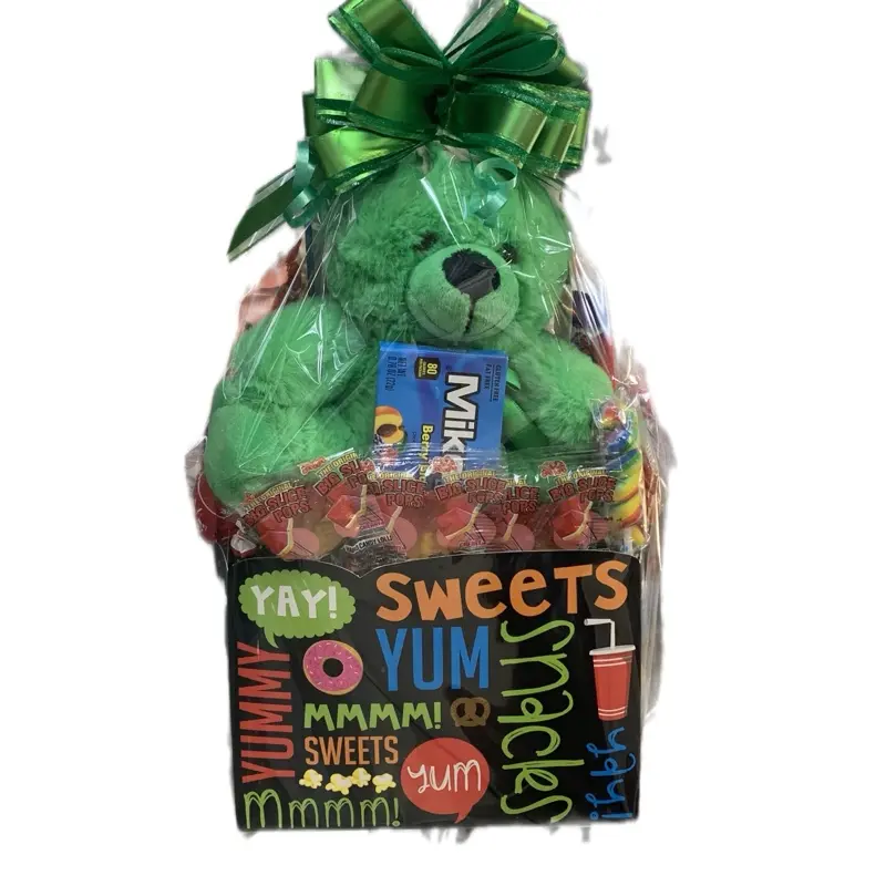 Yummy Yum Gift Box with Green Plush Teddy Bear & Assorted Sweets Snacks Perfect for Kids Food Bundle Dessert