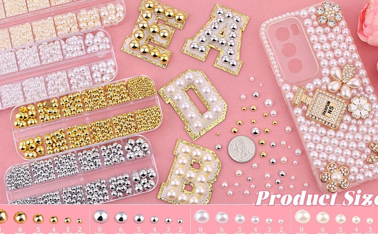 Silver Nail Charms and Gems, Half Round Flatback Pearl Nail Charms, Nail Pearls Rhinestones Kit Silver Beads for Nails with Pencil and Tweezer for DIY Nail Art, Face Makeup and Crafting
