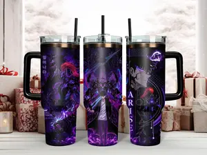 Solo Leveling Sung Jinwoo Shadow Monarch Tumbler - Epic Purple 'Arise' Magic Aura Art 40oz Insulated Stainless Steel Travel Mug with Handle & Straw - Perfect Gift for Manhwa Anime Fans