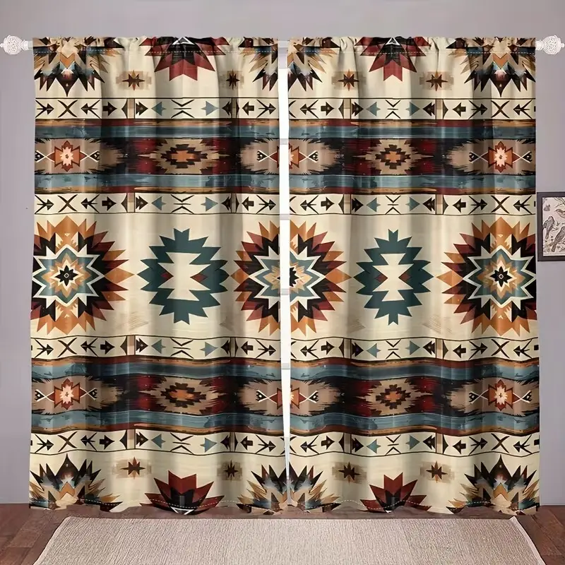 Geometric Aztec Design Curtains, 2pcs High-Definition Digital Print, Polyester Curtain, Rod Pocket, Living Room Decor, Multiple Sizes Available, Home Decoration Curtain, Window Drapes
