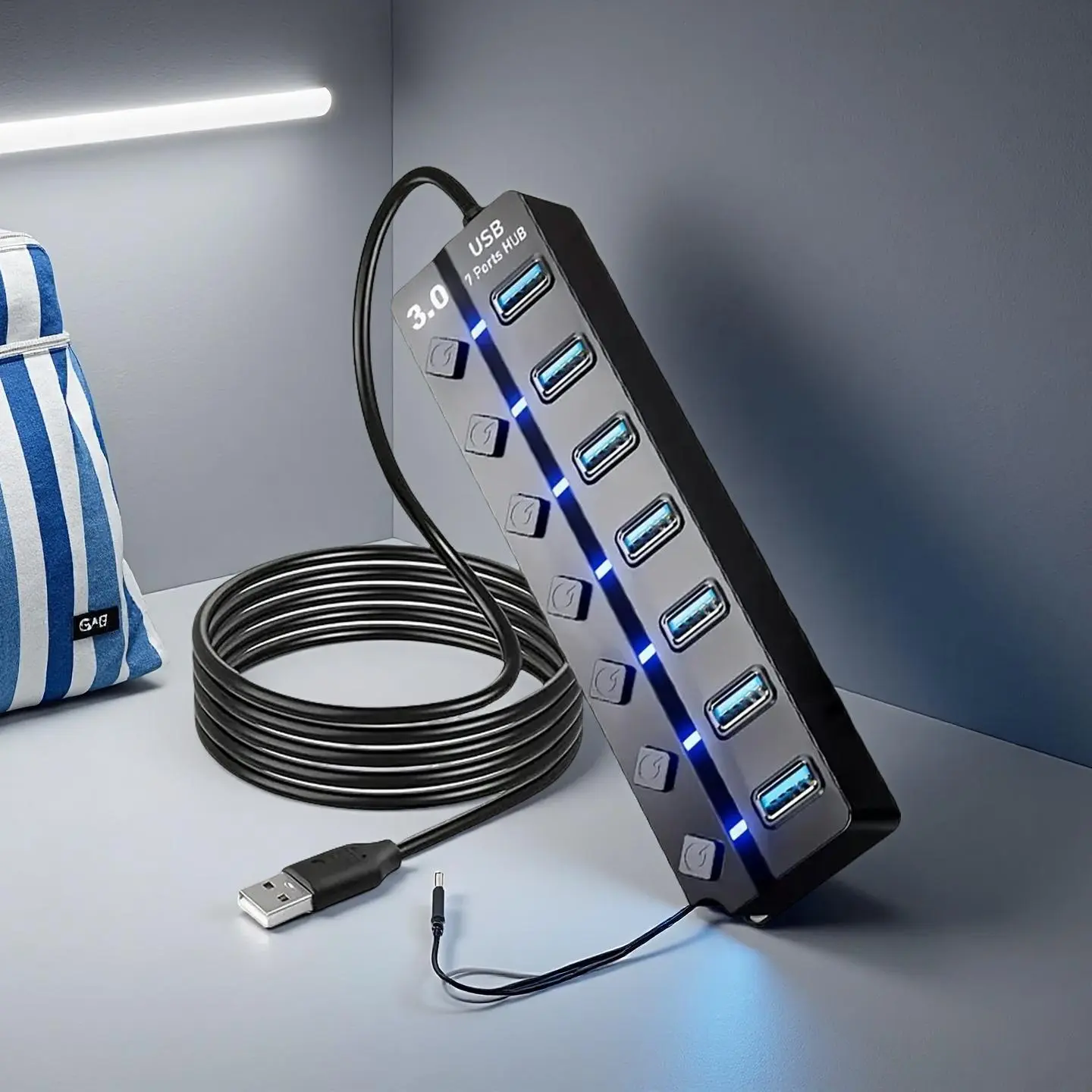 1 Premium 3.0 HUB with 7 Ports, 4 USB Ports with Independent Switch and LED Light, Portable Laptop Compatible with MacBook and More, USB Ports Output, USB Hub for Laptop