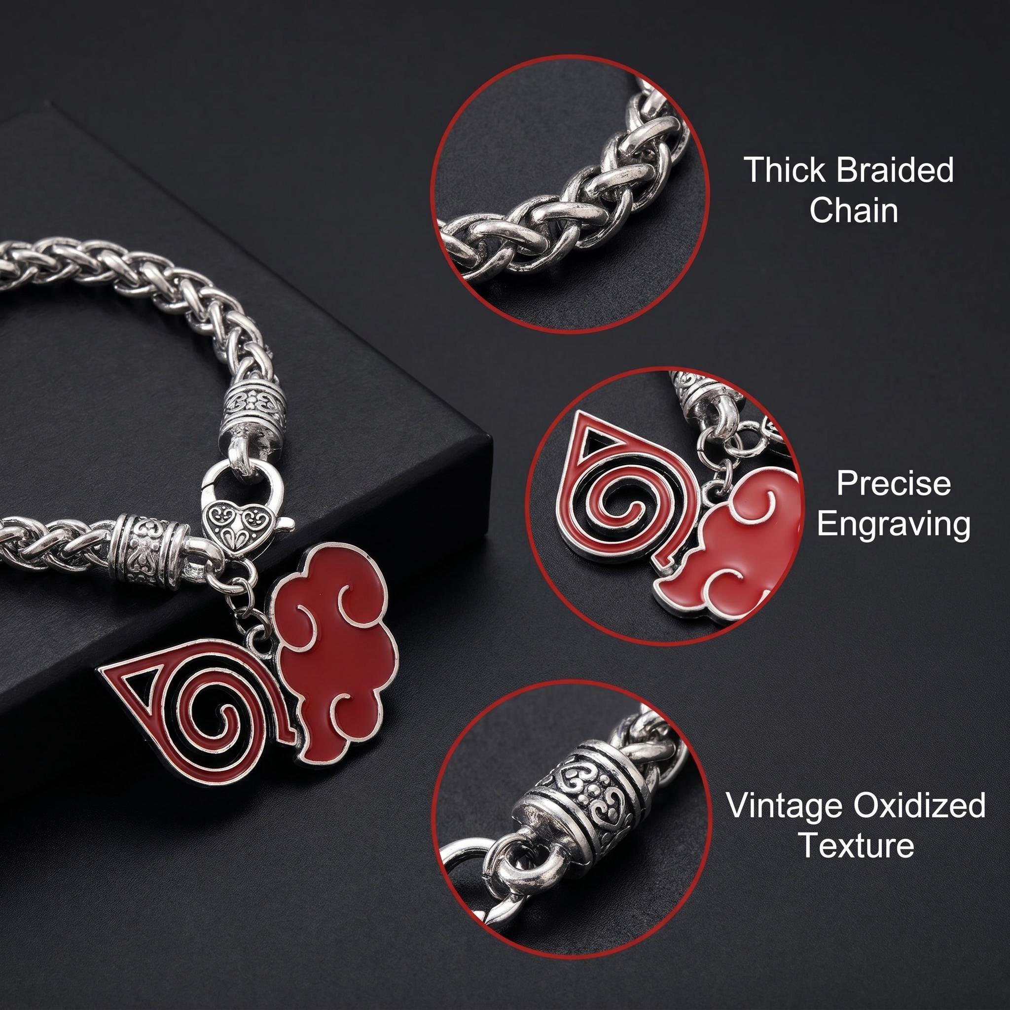 Naruto Anime Thick Chain Alloy Bracelet - Multi-Style, Multi-Symbol Comics Cosplay Gear with Konoha Akatsuki Cloud, Shuriken Pendant, 21.9cm Adjustable Metal Bangle, Graduation Gift for Anime Fans