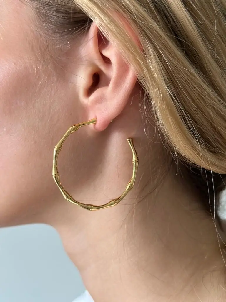 18K Gold Bamboo Hoop Earrings, Gold Bamboo Hoop Earrings, Big Bamboo Earrings, Chunky Hoop Earrings, Gold Hoops Earrings, Women Earrings