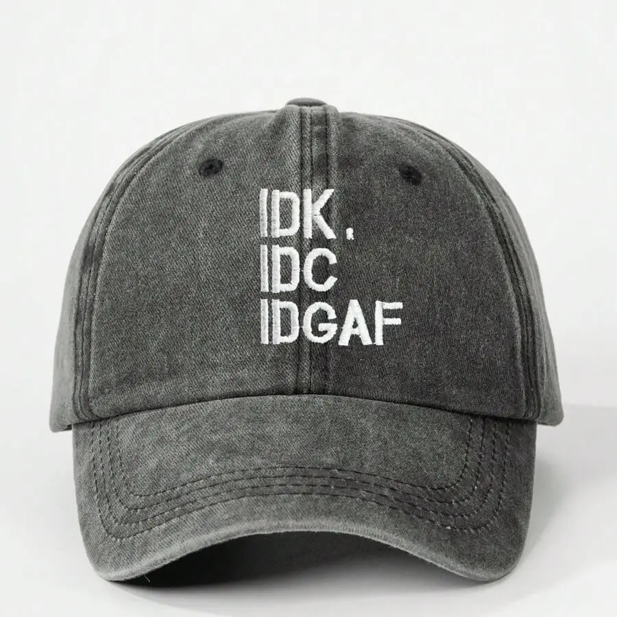 Embroidered "IDK IDC IDGAF" Washed Baseball Cap, Adjustable Outdoor Sunscreen Leisure Hat Suitable For Spring, Autumn, Travel, Beach, Holiday, Y2K Style Young Adult Cap