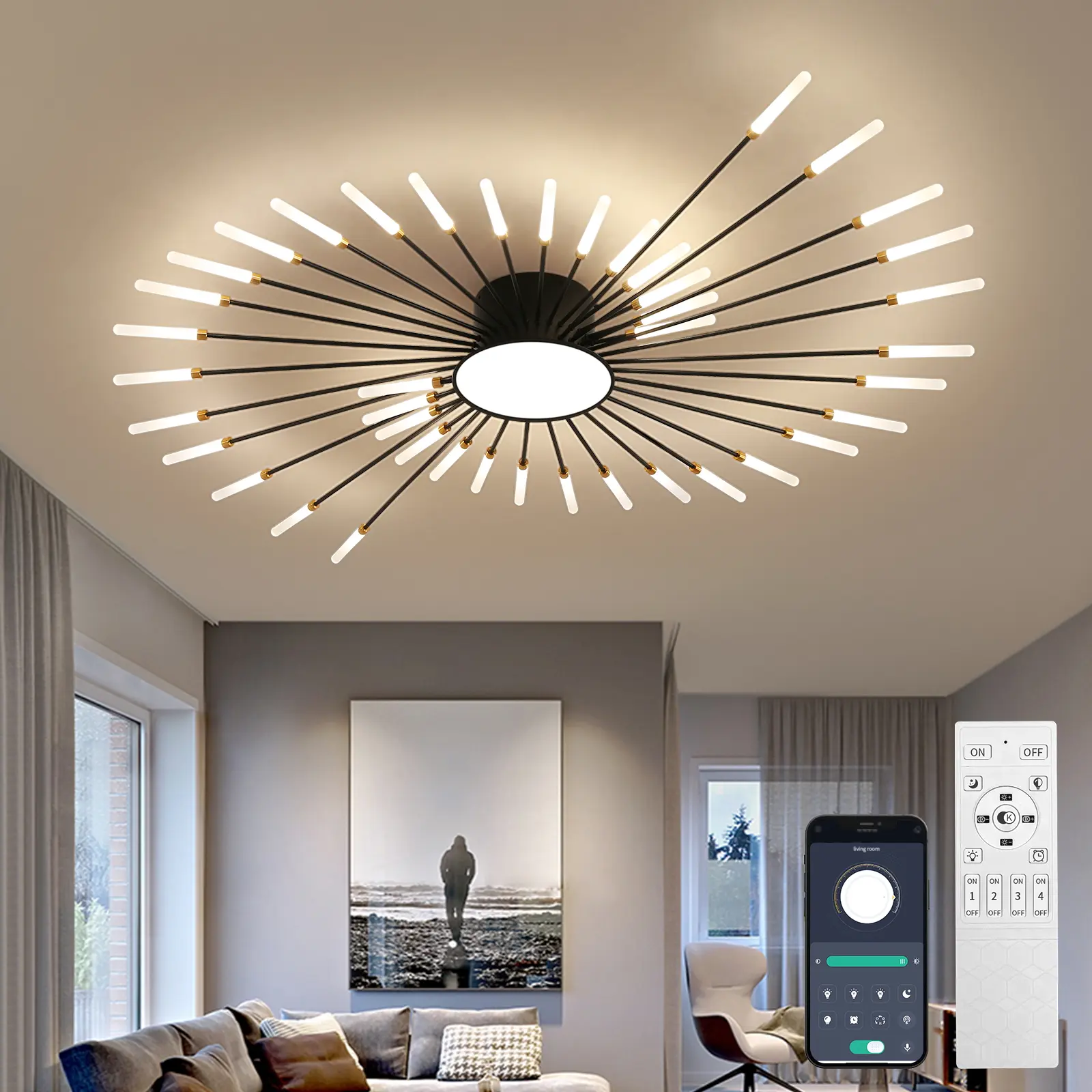 50" Large Sputnik Brass Flush Mount Light with Center Panel, 43-Light 72W Metalwork Lighting, APP/Remote Ctrl, 3000-6500K Stepless Dimmable Iron & Acrylic Ceiling Spot for Indoor Living Room Dining Room