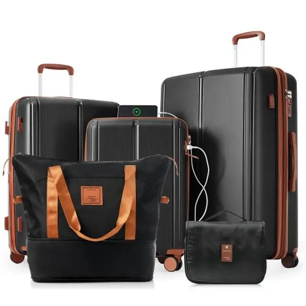 Rechargeable Luggage Sets 5 Piece, Expandable PP Lightweight Suitcase with Travel Bag and Hanging Toiletry Bag, Carry On Luggage Suitcase Set with 360° Spinner Wheels, Black and Brown