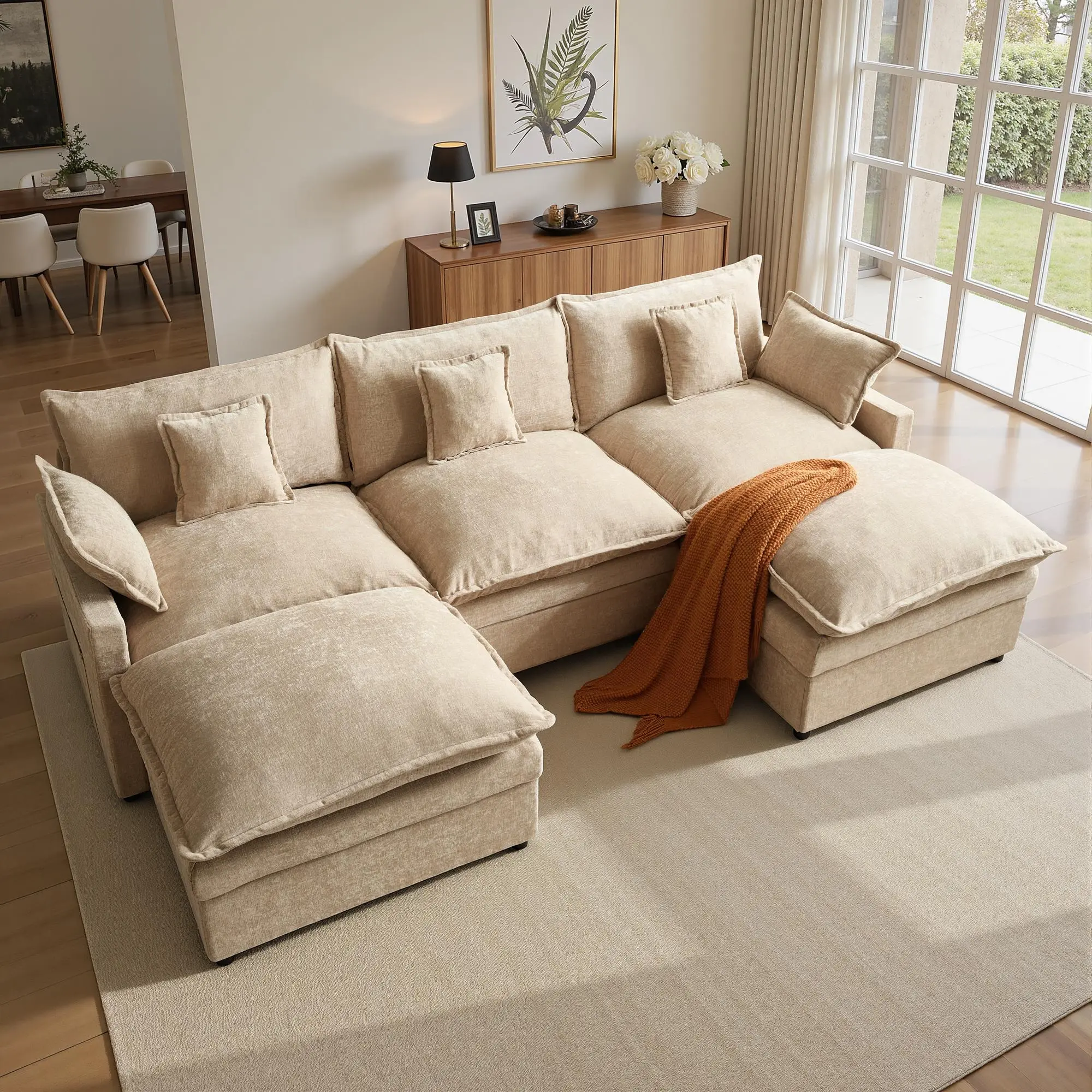 XIZZI 108” U Shaped Oversized Modular Corduroy Sectional Cloud Couch with 2 Ottoman, 5-Seat Chenille Deep Seat Sofa 5 Pillow for Living Room Bedroom Apartment - Easy Assembly Design