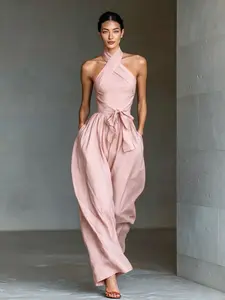Women's Fashion Tie-Back Cross Halter Sleeveless Jumpsuit, Loose Fit Wide Leg Casual Romper, Stylish Belted Waist Design