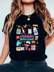 Retro Emergency Department Emergency Room ER ED Nurse Tech T-Shirt  Print Cotton T-Shirt For Summer, Women's Soft Short Sleeve Top, Stylish Comfy Tee For Women Graphic Tees
