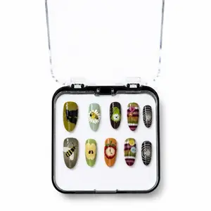 NELLÉE Coraline Almond Press-On Nails - Stripes, Buttons, Black Cat, Apple Designs, Ready-to-Wear with Included Application Tools