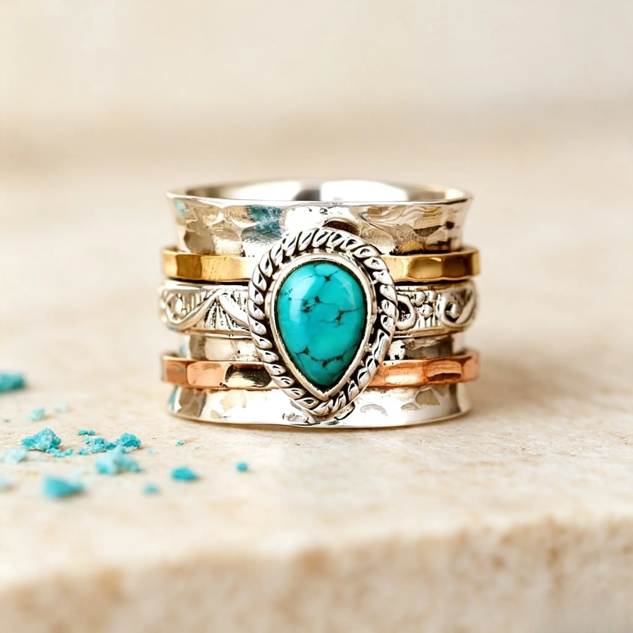 Pear Shaped Turquoise Spinner Ring, Mixed Silver Copper Gold Stackable Band, Western Boho Handmade Fidget Ring, Vintage Bohemian Turquoise Meditation Ring Jewelry Gift For Women