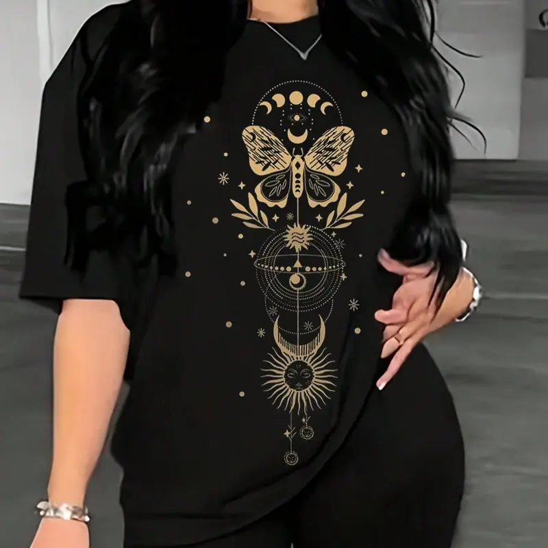 Women's Butterfly Galaxy Print Drop Shoulder Tee, Casual Half Sleeve Round Neck T-shirt for Summer, Vintage Graphic Tees, Fashion Women's Top for Daily Wear, Womenswear, Casual Style Tee, Casual Comfy Top, Casual Summer Tops