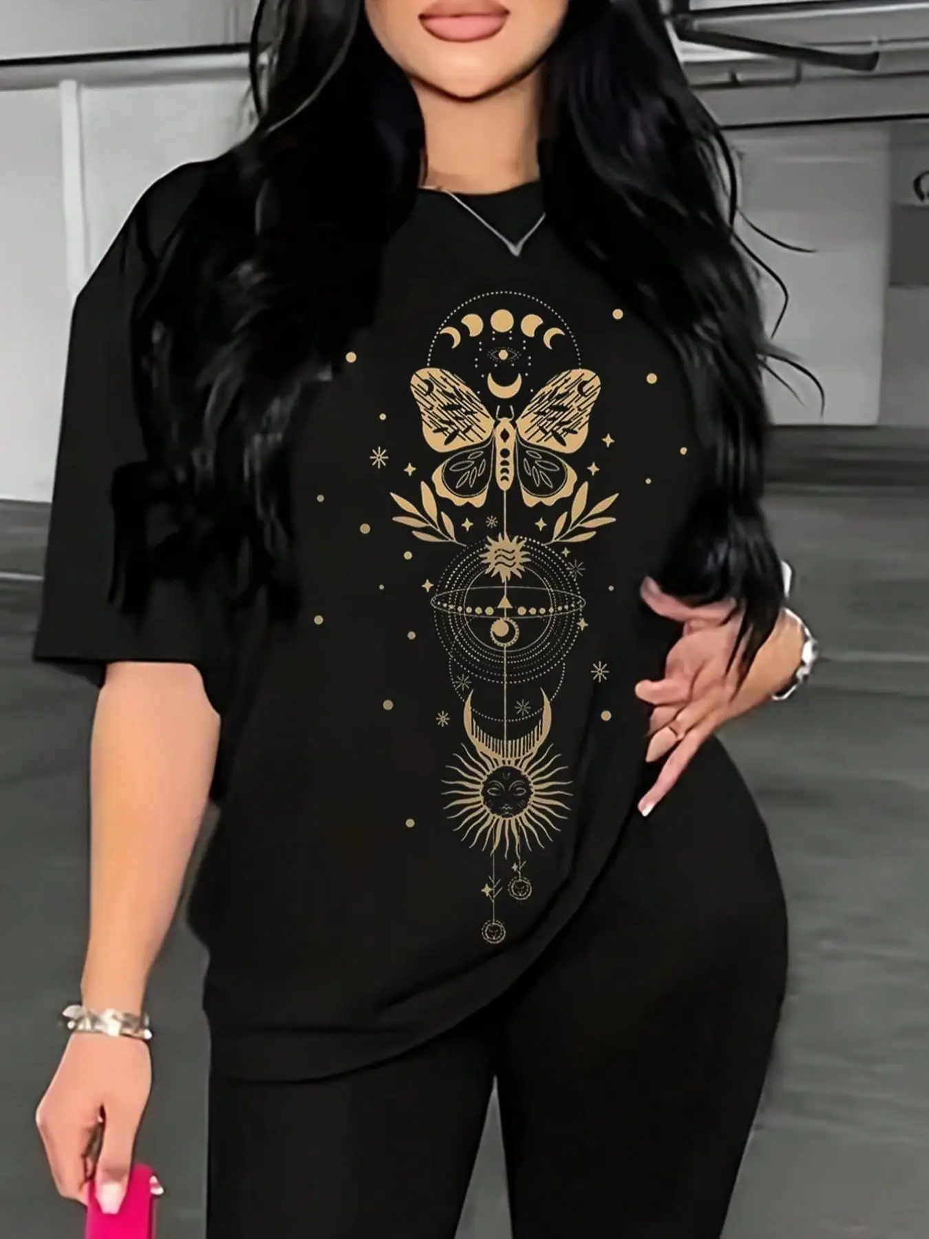 Women's Butterfly Galaxy Print Drop Shoulder Tee, Casual Half Sleeve Round Neck T-shirt for Summer, Vintage Graphic Tees, Fashion Women's Top for Dail