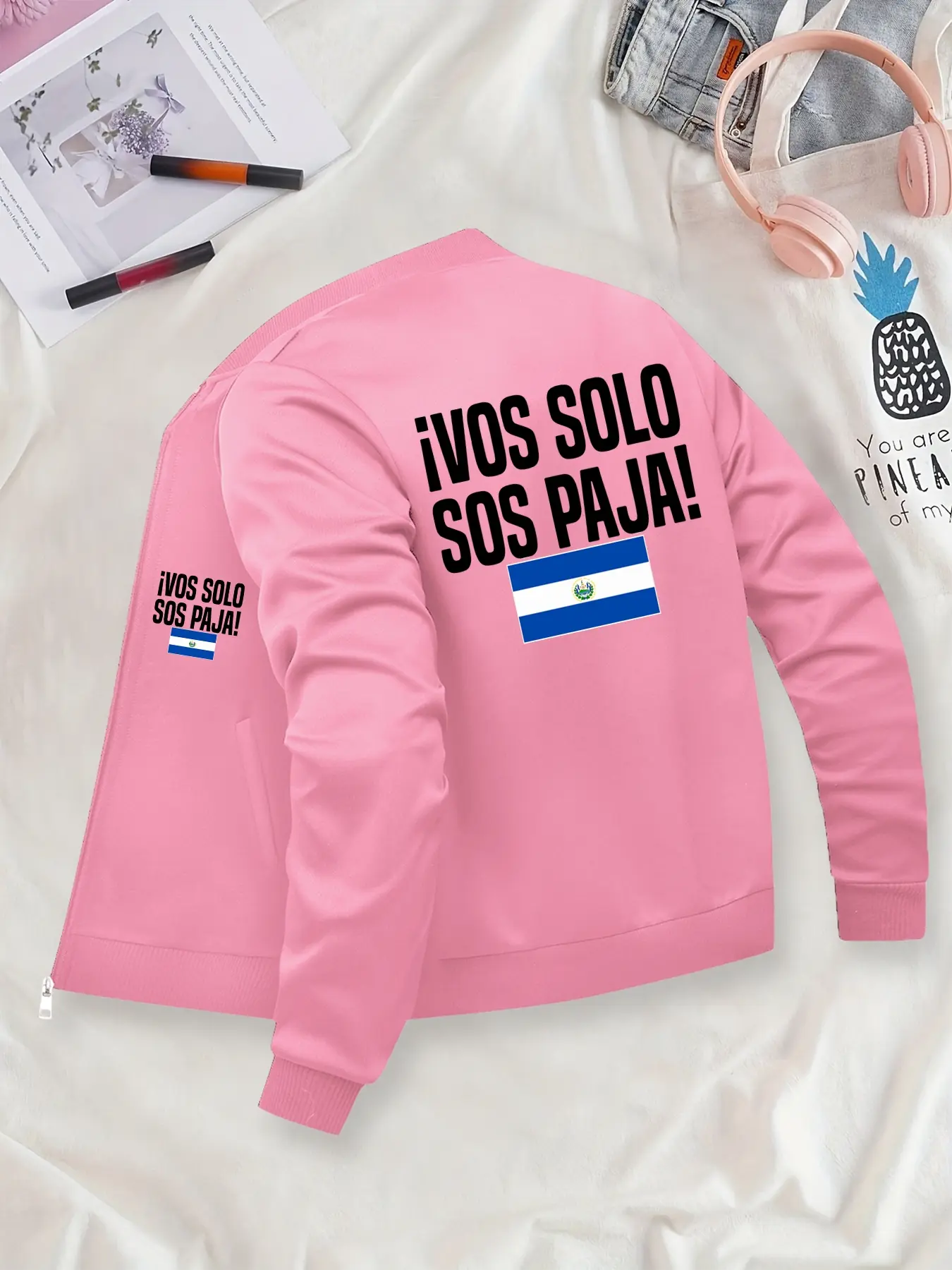 El Salvador Flag Printed Jacket - Versatile Casual Bomber Jacket, Zip-Up, Stand Collar, Polyester Knit Fabric, Fitted Design, Pocket Detail, Suitable for Autumn & Winter.