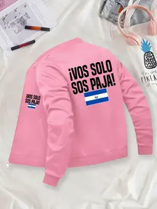 El Salvador Flag Printed Jacket - Versatile Casual Bomber Jacket, Zip-Up, Stand Collar, Polyester Knit Fabric, Fitted Design, Pocket Detail, Suitable for Autumn & Winter.