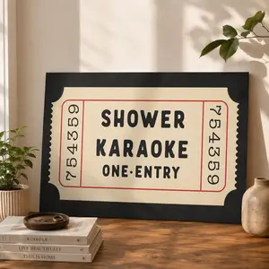 Vintage Black Ticket Shower Canvas Art – Retro 2D Flat Style, Trendy Singing Theme, Modern Bathroom & Office Decor, Perfect Christmas Gift